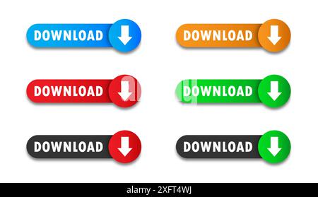 Schaltflächensatz herunterladen. Bunte Abzeichen mit Text, Pfeilen und Schatten. Illustration des flachen Vektors Stock Vektor
