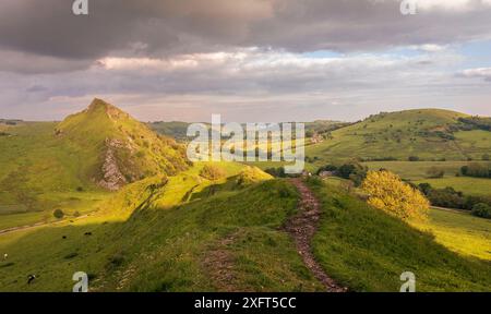 Goldenes Sonnenlicht trifft Parkhouse Hill vom Chrome Hill im Peak District Derbyshire East midlands England Großbritannien Stockfoto