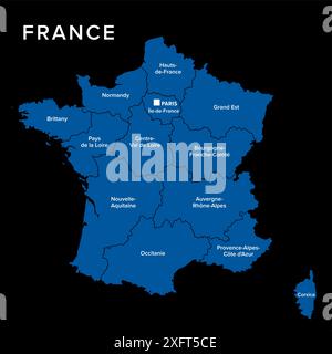 Frankreich, dunkle politische Landkarte mit Regionen des Großstadtfrankreichs. Französische Republik mit Hauptstadt Paris, Verwaltungsgebieten und Präfekturen. Stockfoto