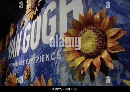 Mexiko-Stadt, Mexiko. Juli 2024. Bei der Eröffnung der Immersive Van Gogh-Ausstellung an der Esplanade des Monumento a la Madre ist ein Poster zu sehen. Am 4. Juli 2024 in Mexiko-Stadt. (Foto: José Luis Torales/ Credit: Eyepix Group/Alamy Live News Stockfoto