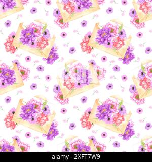 Hand gezeichneter Aquarellbuchstabe mit Blumenstrauß nahtlosem Muster isoliert auf weißem Hintergrund. Kann für Textilien, Gewebe und andere bedruckte Materialien verwendet werden Stockfoto