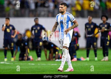 Houston, USA. Juli 2024. HOUSTON, USA – 5. JULI: Nicolas Otamendi aus Argentinien reagiert beim CONMEBOL Copa America USA 2024 Spiel zwischen Argentinien und Ecuador im NRG Stadium am 5. Juli 2024 in Houston, USA. (Foto: Pablo Morano/BSR Agency) Credit: BSR Agency/Alamy Live News Stockfoto