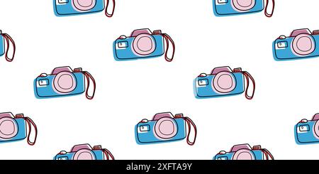 Nahtloses Muster der Retro-Fotokamera. Vektorkontur-Illustration mit Farbflecken isoliert auf weißem Hintergrund. Lineare Vorlage, Hintergrund für Tex Stock Vektor