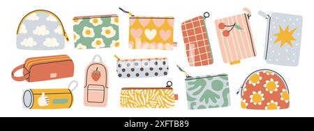 Niedliches Bleistiftetui-Set. Sammlung von Bleistiftetuis. Niedliches Design in Pastellfarben. Vektorillustration im flachen Design. Stock Vektor