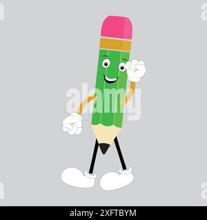 Handgezeichnete niedliche Illustration Schulbleistiftfigur mit lächelndem Gesicht. Flache Icon College-Schreibwaren mit Gummi im farbigen Doodle-Stil. Bildung Stock Vektor