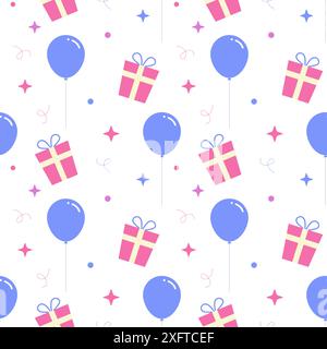 Nahtloses Geburtstagsmuster. Vektor-Feiertagsmuster mit Feiertagsdekorationen Ballons und Geschenken. Auf weißem Hintergrund. Vektorabbildung Stock Vektor