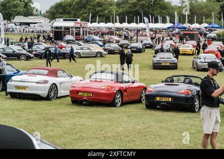 Tarporley, Cheshire, England, 29. Juni 2024. Eine Reihe von Porsche Boxstern wird bei einem Autotreffen ausgestellt. Stockfoto