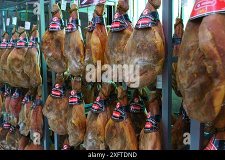 Astorga, Spanien - 4. Juni 2023: Verschiedene Fleischstücke, darunter Rindfleisch, Schwein und Geflügel, hängen von Metallregalen in einer Metzgerei. Stockfoto