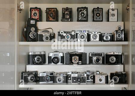 Anzeige oder Sammlung von Vintage-Filmkameras, einschließlich Box-Kameras und Fernsucherkameras Stockfoto