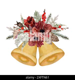 Weihnachtsglocke, Mohnanemonenblume, Tannenzweige, Kegel, Beeren. Aquarell handgezeichnete Illustration isoliert auf weiß. Weihnachten, Happy New Stockfoto