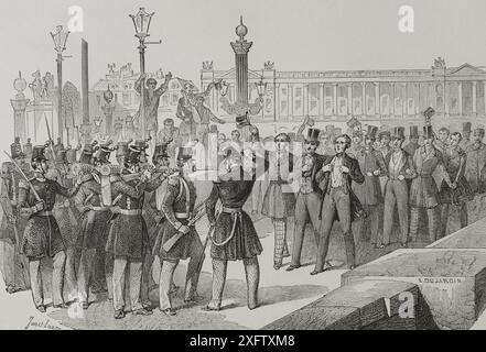 Französische Revolution von 1848. Volksaufstand in Paris vom 23. Bis 25. Februar 1848, geführt von Arbeitern und Studenten, denen die Nationalgarde anschloss. Um Blutvergießen zu vermeiden, dankte König Ludwig Philippe I. (1773–1850), der in den Tuilerien belagert wurde, am 24. Dezember 1989 zugunsten seines Enkels, Prinz Philippe von Orléans (1838–1894), Graf von Paris. Studenten auf der Pont de la Concorde vor den Truppen. Die unentschlossene Armee. Zeichnung von Janet-lange. Stich von Dujardin. „Los Héroes y las Grandezas de la Tierra“ (die Helden und die Grandeure der Erde). Band VIII. 1856. Stockfoto