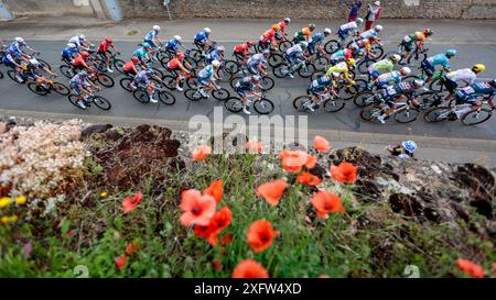 Die Teilnehmer der Tour de France 2024 fahren zu Beginn der 6. Etappe von Mâcon nach Dijon durch den Weiler La Roche-Vineuse. Quelle: Orjan Ellingvag/Alamy Live News Stockfoto