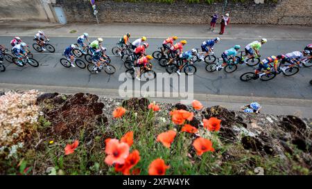 Die Teilnehmer der Tour de France 2024 fahren zu Beginn der 6. Etappe von Mâcon nach Dijon durch den Weiler La Roche-Vineuse. Quelle: Orjan Ellingvag/Alamy Live News Stockfoto