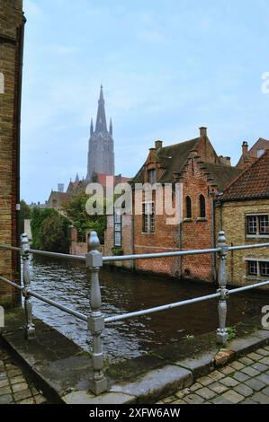 30-10-2014 Brügge, Belgien - Ein Panoramablick auf die berühmten Brügge Häuser, die Kathedrale und den Kanal, die ihren architektonischen Charme zeigen Stockfoto