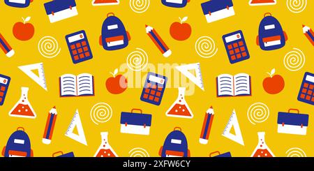 Back-to-School kreatives nahtloses Muster. Farbenfroher Hintergrund mit Schulutensilien und Symbolen. Vektorabbildung Stock Vektor