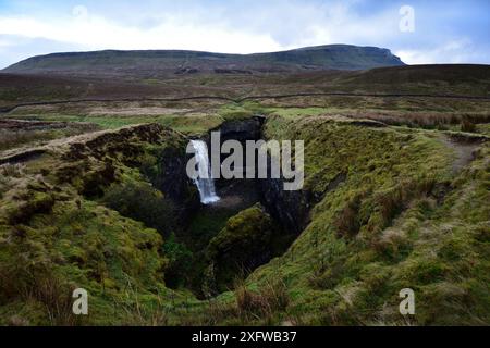 Hull Pot, Horton in Ribblesdale, Yorkshire, England, Vereinigtes Königreich, Januar. Hull Pot ist eine eingestürzte Höhle aus Kalkstein aus der Karbonzeit. Bei Nässe fließt ein Bach in den Topf und setzt seine Reise in einem unterirdischen Höhlensystem fort. Stockfoto