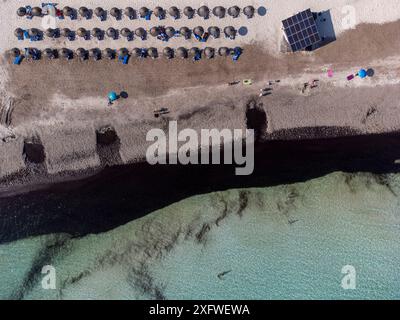 Schirmlinien für Touristen, Sa Rapita Strand aus der Vogelperspektive, Campos, Mallorca, Balearen, Spanien. Stockfoto