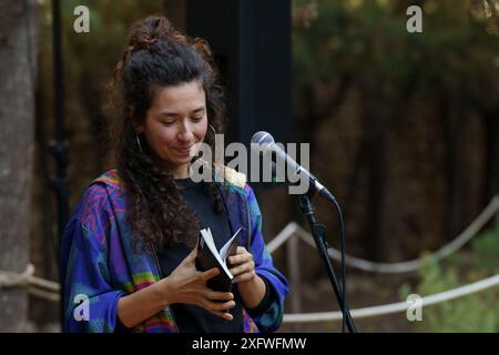 Jèssica Ferrer, poetischer Erwägungsgrund, Oratori de Sant Blai, Campos, Mallorca, Balearen, spanische poetische Erwägung, Oratori de Sant Blai, Campos, Mallorca, Balearen, Spanien. Stockfoto