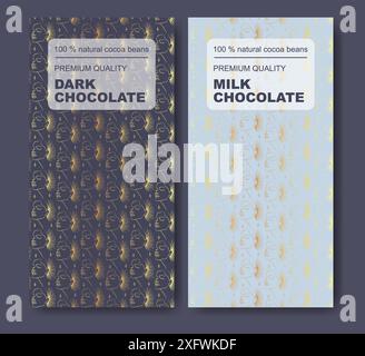 Bio-Schokoladenriegel mit dunkler und Milchschokolade. Design-Etikettensatz für abstrakte Vektorpakete. Moderne Typografie und handgezeichnete Frau skizzieren Silhouette Backgro Stock Vektor