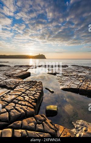 Felsiges Ufer in der Kimmeridge Bay mit Clavell Tower im Hintergrund, Isle of Purbeck, Jurassic Coast, Dorset, England, UK. Dezember 2010. Stockfoto