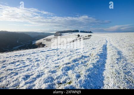 Fontmell unten im Winter, Dorset, England, Großbritannien. Dezember 2009. Stockfoto