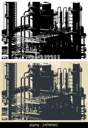 Stilisierte Vektorillustration zum Thema Schwerindustrie. Fabrikgebäude, Rohre und Tanks aus der Nähe Stock Vektor