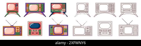 Retro-Fernseher im Pop-Cartoon-Stil. Line Art Vintage-Kollektion in Pink mit Bildschirm zum Ausmalen von Büchern. Vektorabbildung isoliert auf einem weiß Stock Vektor