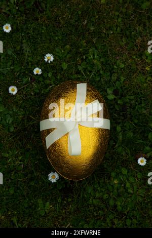 Goldenes Osterei mit Gänseblümchen auf Gras Stockfoto