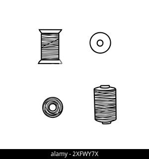 Satz Nähfäden Spulen von oben und von der Seite. Hand gezeichnete Vektor-Illustration von Strängen zum Nähen. Spulen für Schneiderinnen im Doodle-Stil, isoliert Stock Vektor