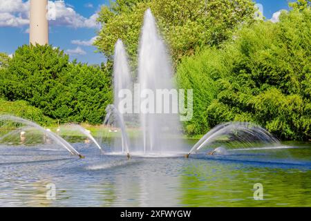 Ein Brunnen mit Wasser, das in einem Park rausschießt. Das Wasser sprüht aus dem Brunnen in verschiedene Richtungen Stockfoto