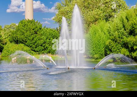 Ein Brunnen mit Wasser, das in einem Park rausschießt. Das Wasser sprüht aus dem Brunnen in verschiedene Richtungen Stockfoto