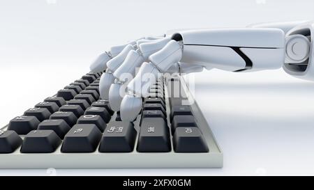 3D-Rendering einer Roboterhand mit beweglichen Fingern, die schnell auf einer Computertastatur eingegeben werden. Stockfoto