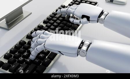 3D-Rendering einer Roboterhand mit beweglichen Fingern, die schnell auf einer Computertastatur eingegeben werden. Stockfoto