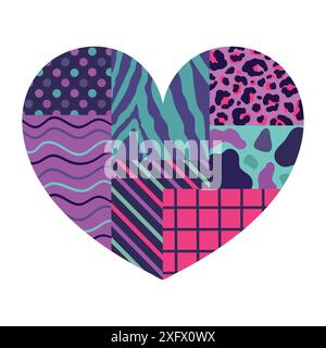 Herz aus verschiedenen Mustern in hellen Neonfarben. Herz aus Patches mit verschiedenen Ornamenten Leoparden- und Zebramuster, Punkten und welligen Linien. Vektor Stock Vektor