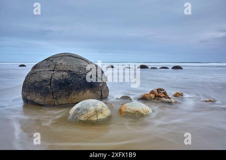 Lange Exposition von Wellen und Surfen, die um die Moeraki Boulders (60 Millionen Jahre alte Lehmsteinkonkretionen) am Koekohe Beach brechen. Koekohe Beach, Moeraki, Waitaki District, Otago Region, Südinsel, Neuseeland. Januar. Stockfoto