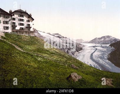 Der große Aletschgletscher ist der flächenmässig grösste und längste Gletscher der Alpen, Wallis, Schweiz / Aletsch, Glacier and Belalp Hotel, Valai Stockfoto