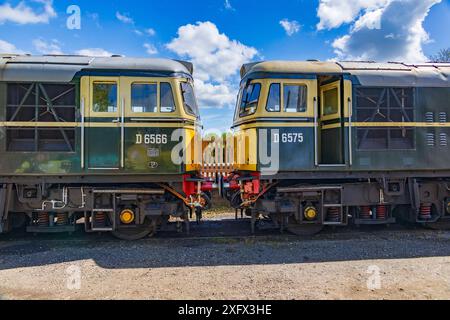 Ein Paar erhaltener Diesellokomotiven der Klasse 33, die 1962 auf dem Werft am Bahnhof Williton an der West Somerset Railway in England gebaut wurden Stockfoto