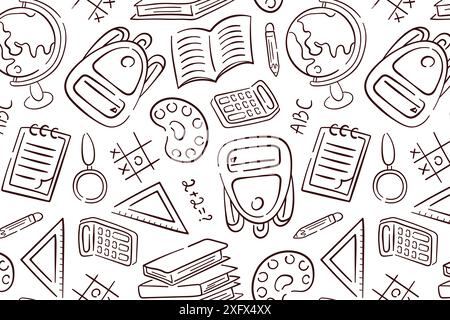 Handgezeichnetes nahtloses Schulmuster mit Schreibwaren, Übungsbuch, Globus, Rucksack, Lineal. Vektorillustration auf weißem Hintergrund. Stock Vektor