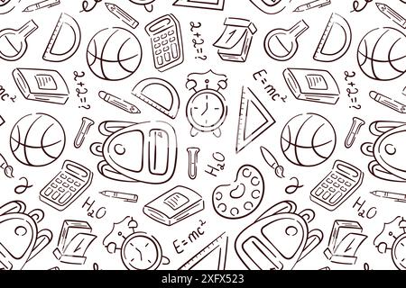 Nahtloses Muster für die Schulzeit. Handgezeichneter Hintergrund mit Schulbedarf Alarm, Basketball, Lineal, Stift, Bleistift. Vektorabbildung. Stock Vektor