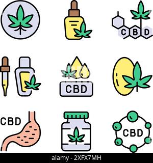 Offene Hand mit Symbolen für Marihuanablätter. Cannabidiol Flat Icons Kollektion. Cannabislegalisierung. Einfache Symbole. Vektor-isolierte Zeichnung Stock Vektor