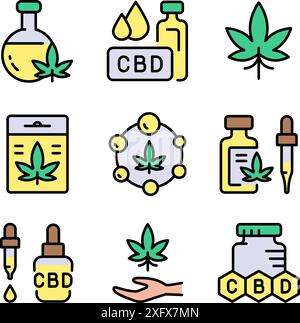 Offene Hand mit Symbolen für Marihuanablätter. Cannabidiol Flat Icons Kollektion. Cannabislegalisierung. Einfache Symbole. Vektor-isolierte Zeichnung Stock Vektor