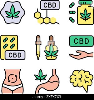 Offene Hand mit Symbolen für Marihuanablätter. Cannabidiol Flat Icons Kollektion. Cannabislegalisierung. Einfache Symbole. Vektor-isolierte Zeichnung Stock Vektor