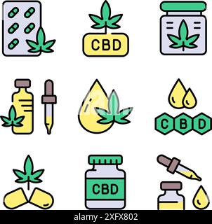 Cannabis Blatt Vektor Farbe Symbole gesetzt. Marihuana-Logo-Symbole Vektorsymbole für Website-Design, mobile App, ui. Einfache Schildersammlung isoliert auf Witz Stock Vektor