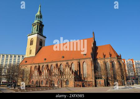 Berlin, Deutschland. Die Marienkirche oder St.-Marien-Kirche, ein roter Backsteinlutherischer Tempel in der Karl-Liebknecht-Straße nahe dem Alexanderplatz Stockfoto