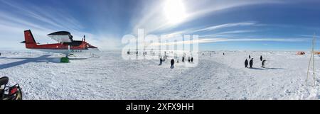 Kaiserpinguin (Aptenodytes forsteri) mit Doppelotterflugzeug, das Touristen ins Lager gebracht hat. Gould Bay, Weddell Sea, Antarktis. Stockfoto