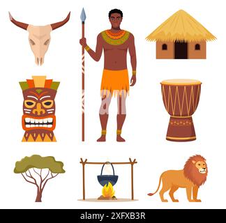 Afrikanische Ethno-Symbole. Afrikanische Maske, Djembe-Trommel, Menschen, Tiere, Vase, Hütte. Vektor Stock Vektor