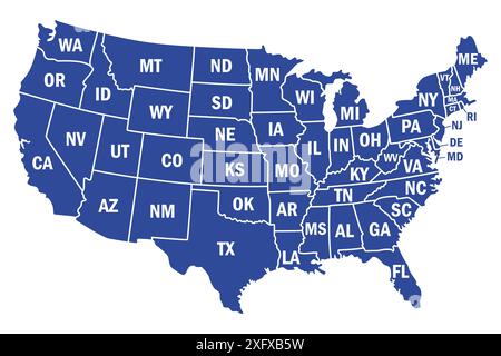 Karte der Vereinigten Staaten von Amerika. USA-Karte mit staaten und Zustandsnamen isoliert - Bestandsvektor Stock Vektor