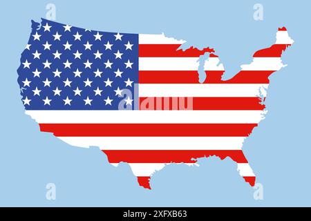 Karte der USA mit Nationalflagge. Sehr detaillierte editierbare Karte der Grenzen der USA und Nordamerikas. Stock Vektor