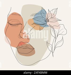 Abstraktes Frauengesicht mit Blume, Blättern und bunten Glocken. Strichgrafik. Elegantes Beauty-Logo. Konturierung des weiblichen Gesichts im minimalistischen Stil mit Botanical Stock Vektor