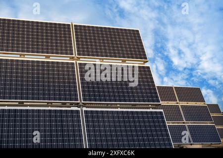 Reihen Photovoltaik-Panels erstrecken sich über den Solarpark und erfassen Sonnenenergie für eine nachhaltige Zukunft, Solarparks saubere Energie, erzeugen Strom für die Zukunft Stockfoto